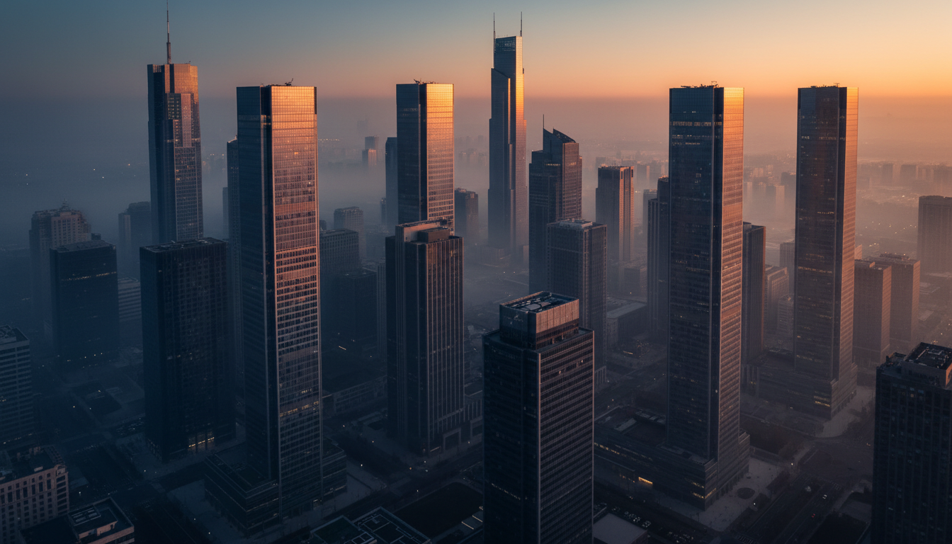 Aerial view of global financial district at dusk